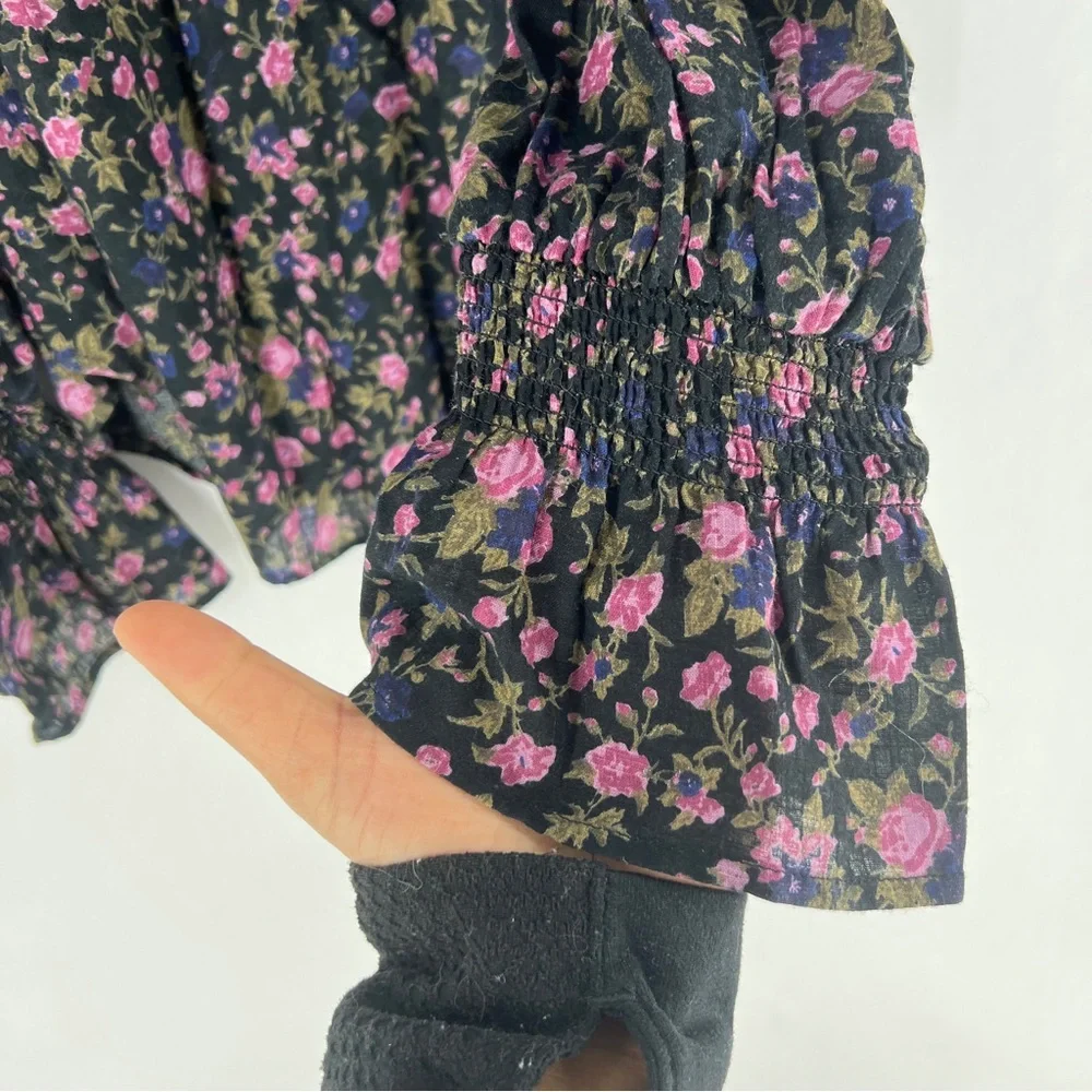 Free People Meant To Be Black Floral Print‎ Full Mutton Sleeve Peasant Blouse M
